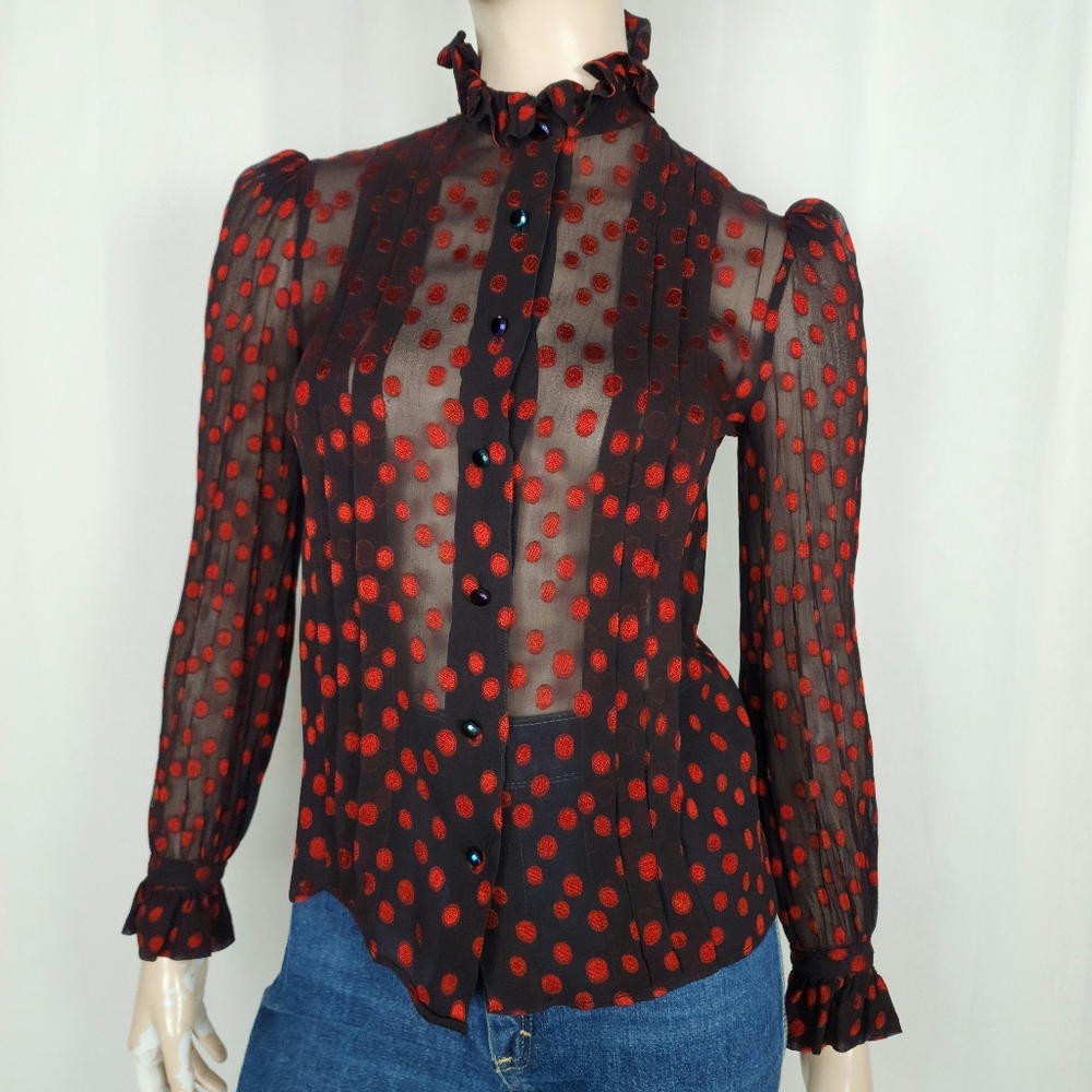 Vtg 80s sheer polka-dot ruffle neck blouse XS/S  Leo Chevalier